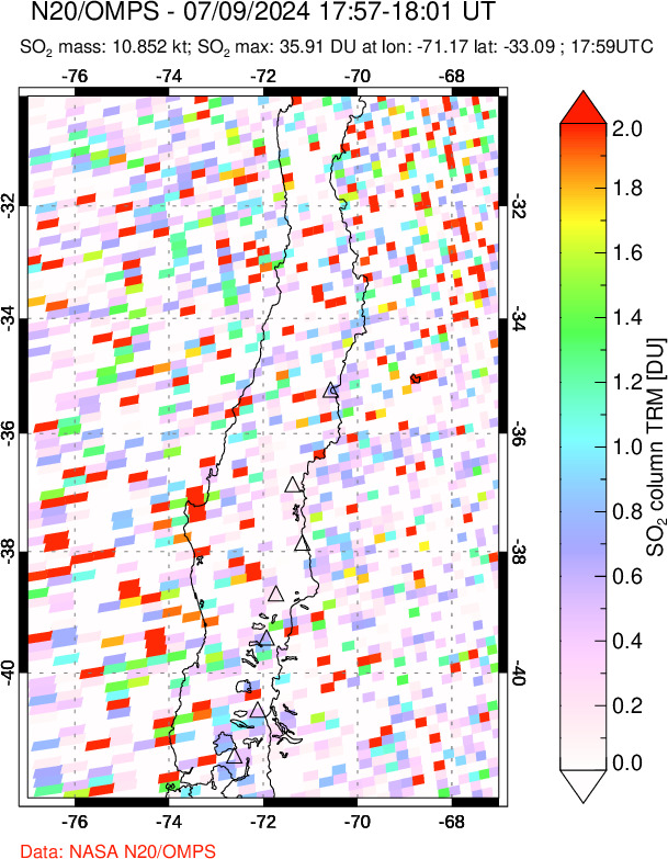 A sulfur dioxide image over Central Chile on Jul 09, 2024.