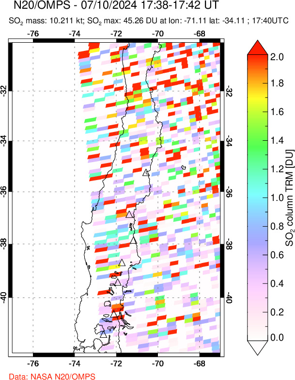 A sulfur dioxide image over Central Chile on Jul 10, 2024.