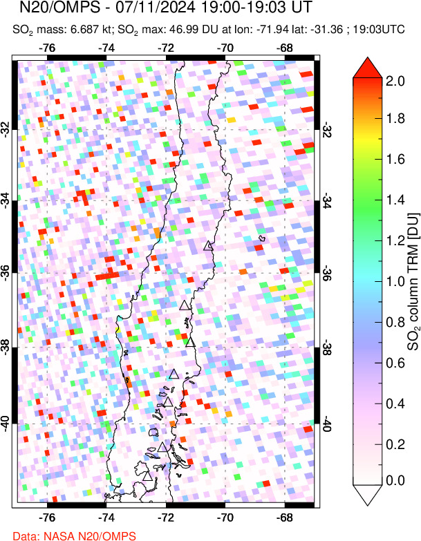 A sulfur dioxide image over Central Chile on Jul 11, 2024.