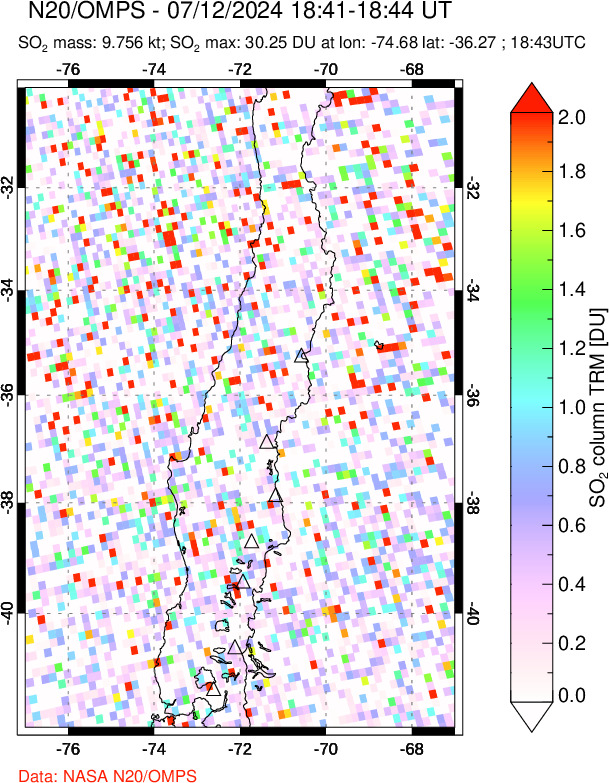 A sulfur dioxide image over Central Chile on Jul 12, 2024.