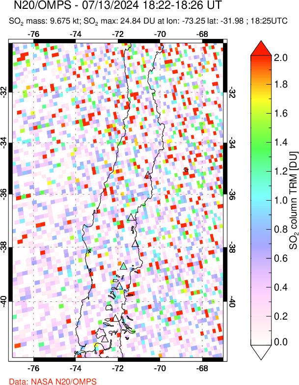 A sulfur dioxide image over Central Chile on Jul 13, 2024.