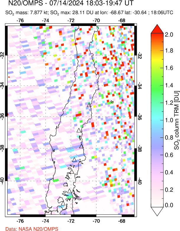 A sulfur dioxide image over Central Chile on Jul 14, 2024.