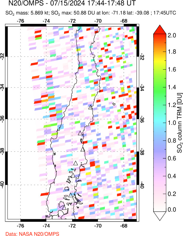 A sulfur dioxide image over Central Chile on Jul 15, 2024.