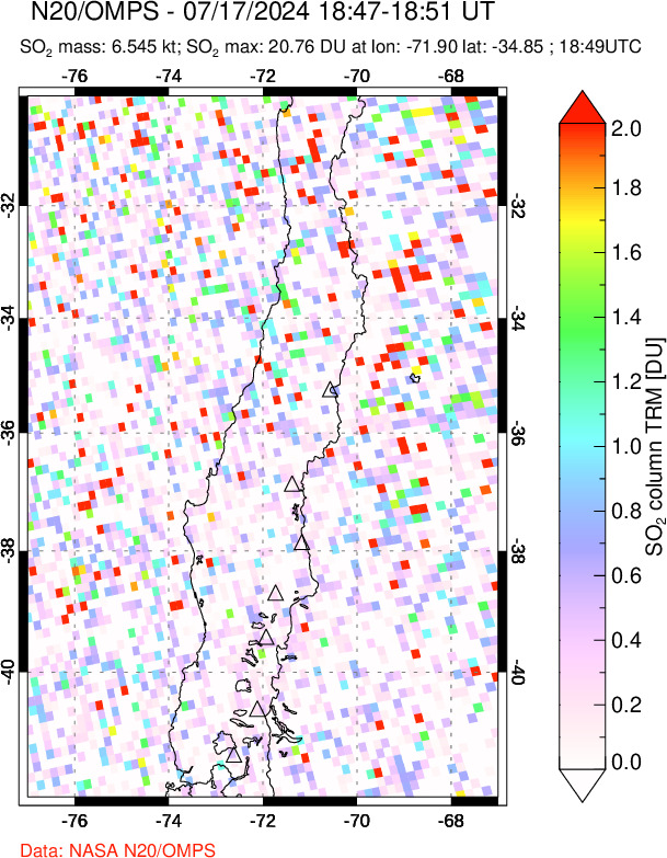 A sulfur dioxide image over Central Chile on Jul 17, 2024.