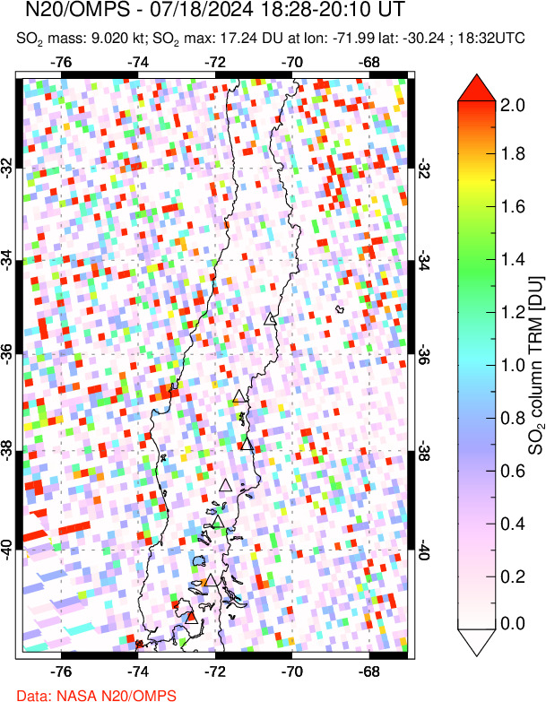 A sulfur dioxide image over Central Chile on Jul 18, 2024.