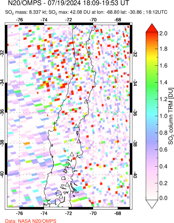 A sulfur dioxide image over Central Chile on Jul 19, 2024.