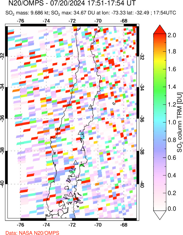 A sulfur dioxide image over Central Chile on Jul 20, 2024.