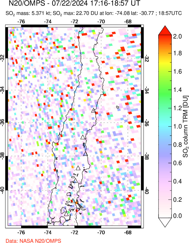 A sulfur dioxide image over Central Chile on Jul 22, 2024.