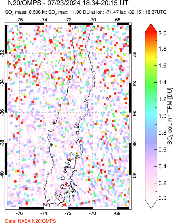 A sulfur dioxide image over Central Chile on Jul 23, 2024.