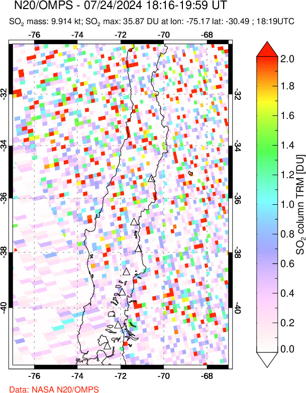 A sulfur dioxide image over Central Chile on Jul 24, 2024.