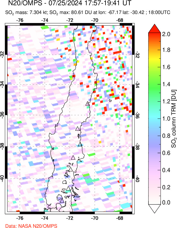 A sulfur dioxide image over Central Chile on Jul 25, 2024.