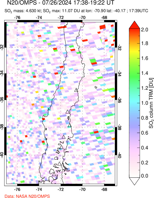 A sulfur dioxide image over Central Chile on Jul 26, 2024.