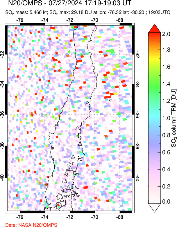 A sulfur dioxide image over Central Chile on Jul 27, 2024.