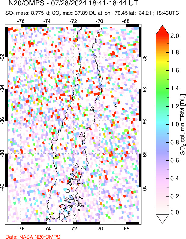 A sulfur dioxide image over Central Chile on Jul 28, 2024.