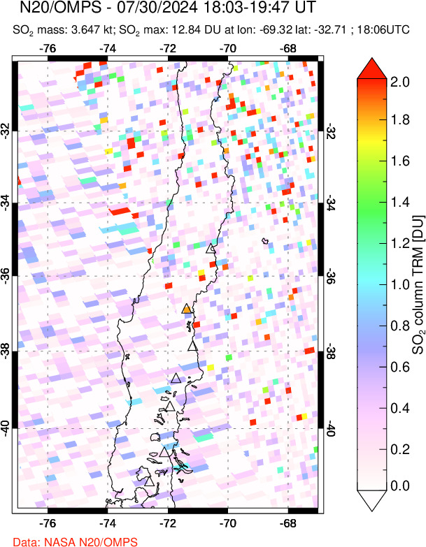 A sulfur dioxide image over Central Chile on Jul 30, 2024.