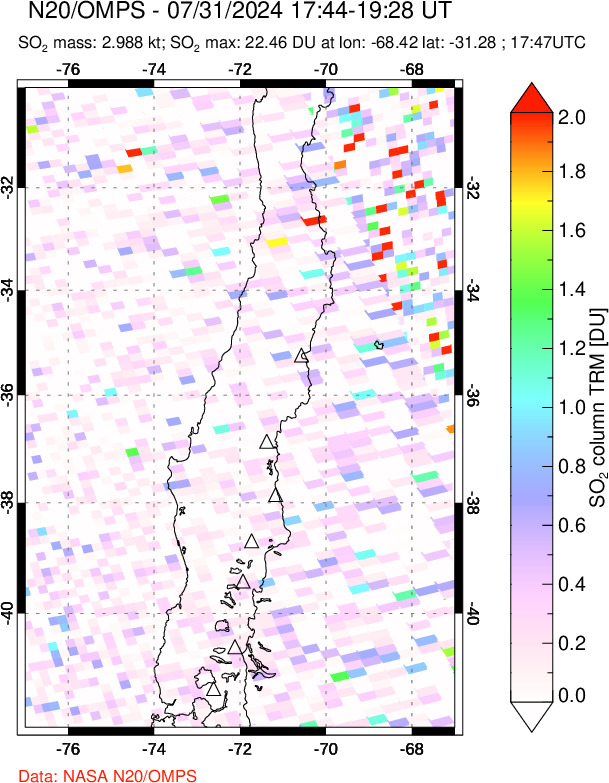 A sulfur dioxide image over Central Chile on Jul 31, 2024.