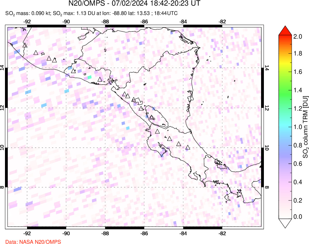 A sulfur dioxide image over Central America on Jul 02, 2024.