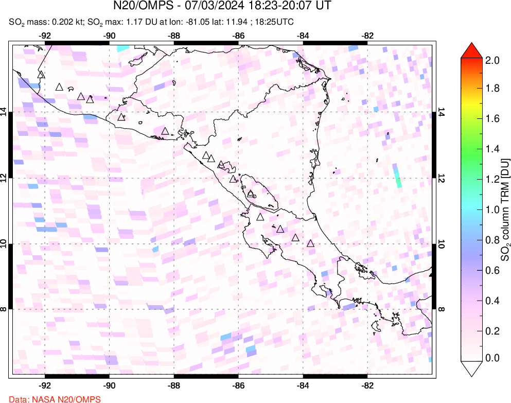 A sulfur dioxide image over Central America on Jul 03, 2024.