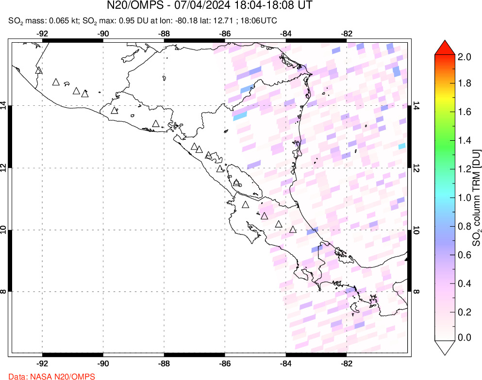 A sulfur dioxide image over Central America on Jul 04, 2024.