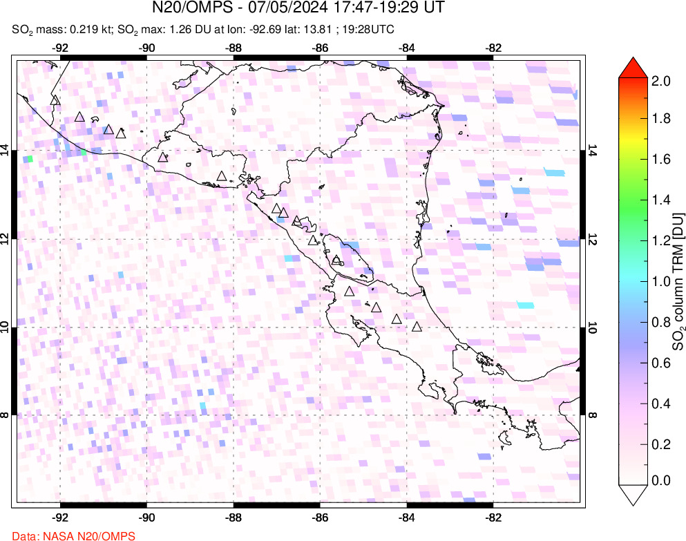 A sulfur dioxide image over Central America on Jul 05, 2024.