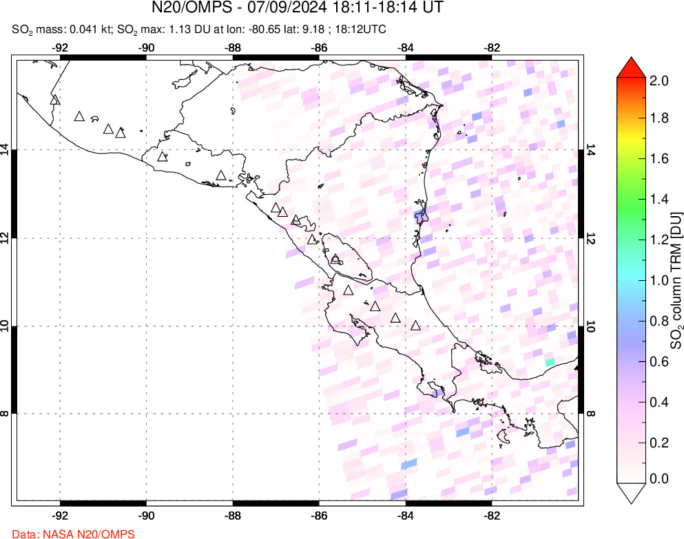 A sulfur dioxide image over Central America on Jul 09, 2024.