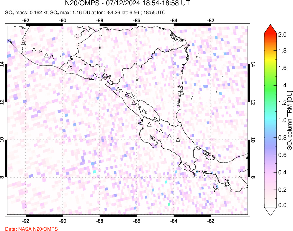 A sulfur dioxide image over Central America on Jul 12, 2024.