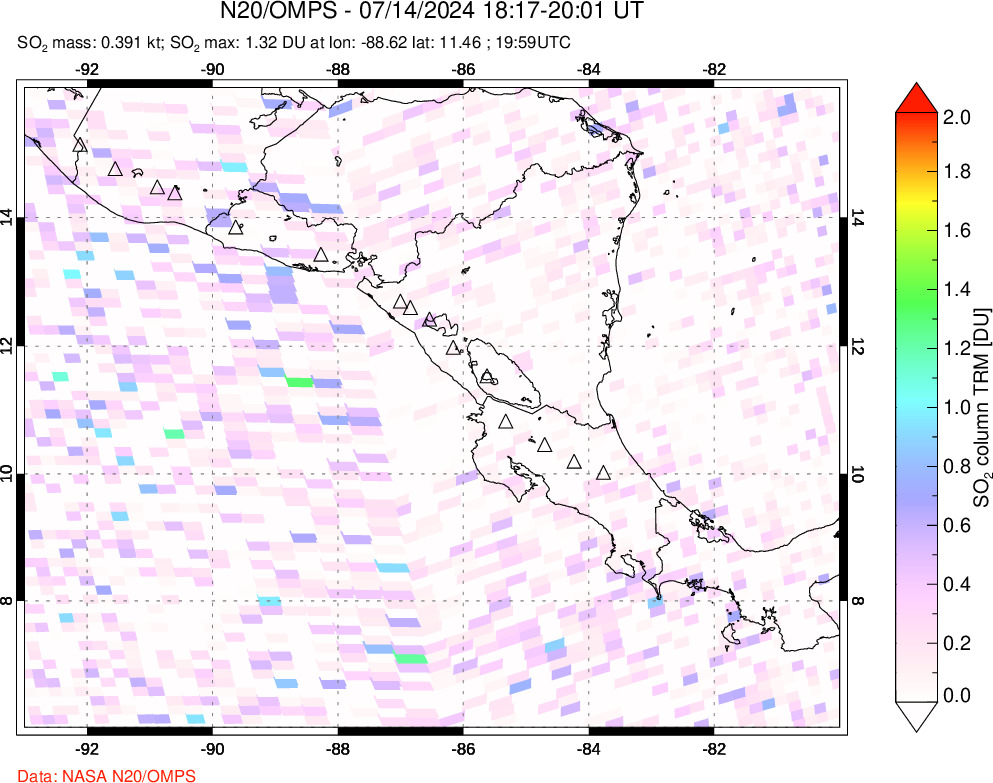 A sulfur dioxide image over Central America on Jul 14, 2024.