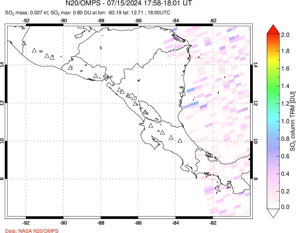 A sulfur dioxide image over Central America on Jul 15, 2024.