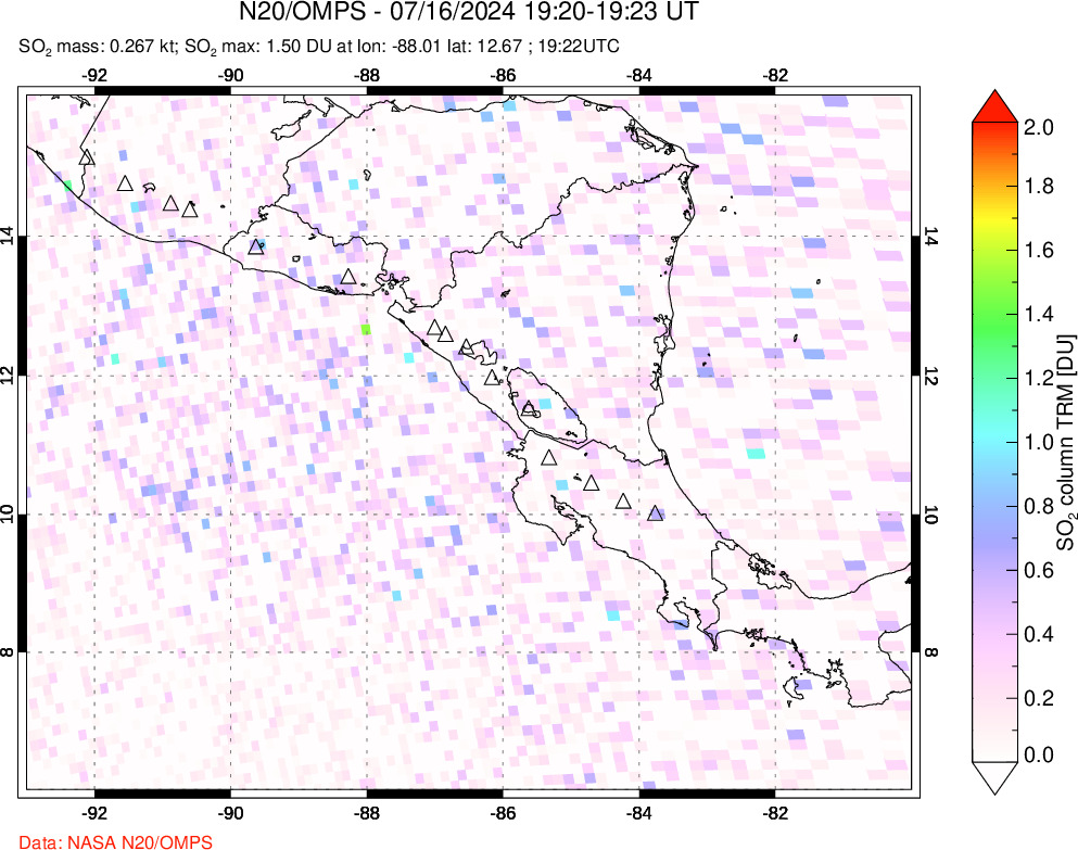 A sulfur dioxide image over Central America on Jul 16, 2024.