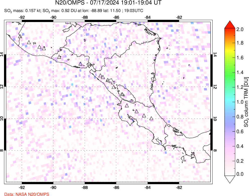 A sulfur dioxide image over Central America on Jul 17, 2024.