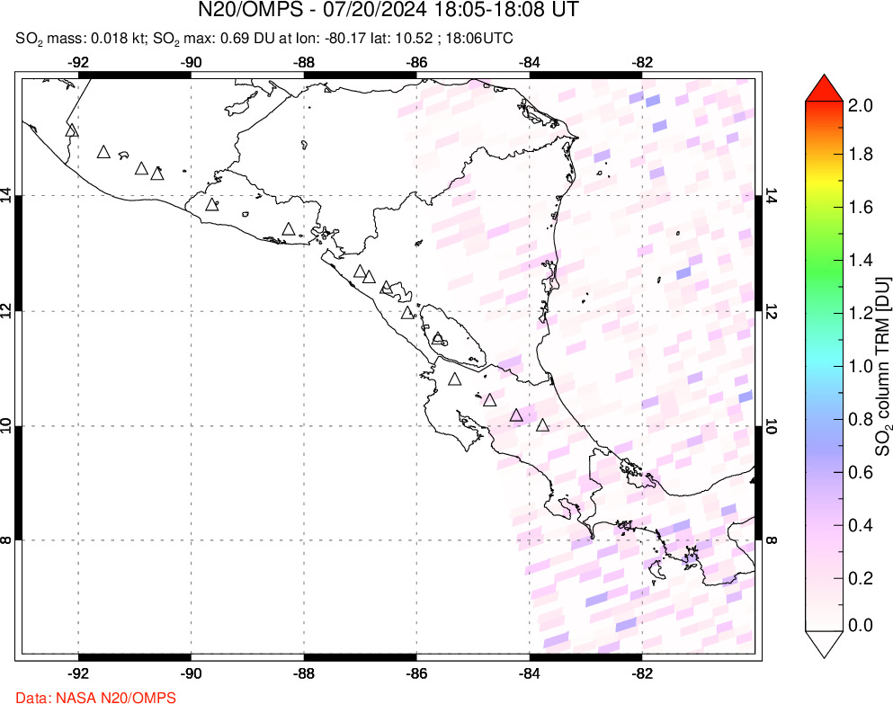 A sulfur dioxide image over Central America on Jul 20, 2024.