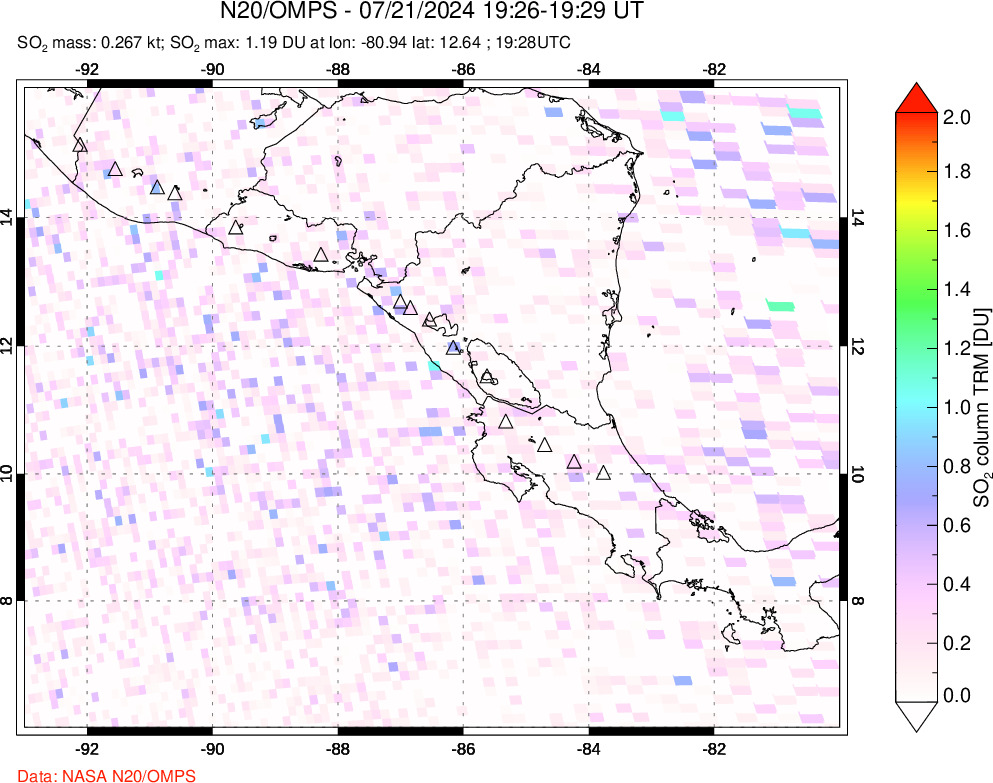 A sulfur dioxide image over Central America on Jul 21, 2024.