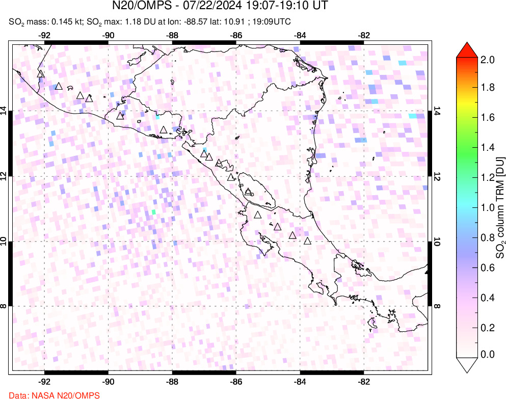 A sulfur dioxide image over Central America on Jul 22, 2024.