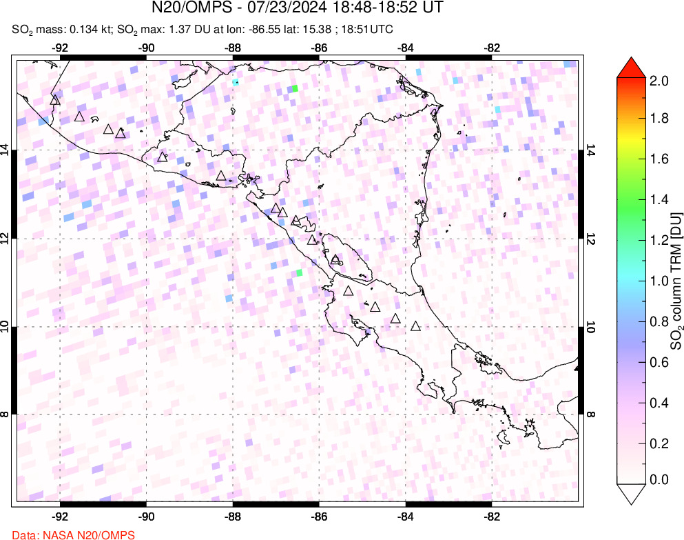 A sulfur dioxide image over Central America on Jul 23, 2024.