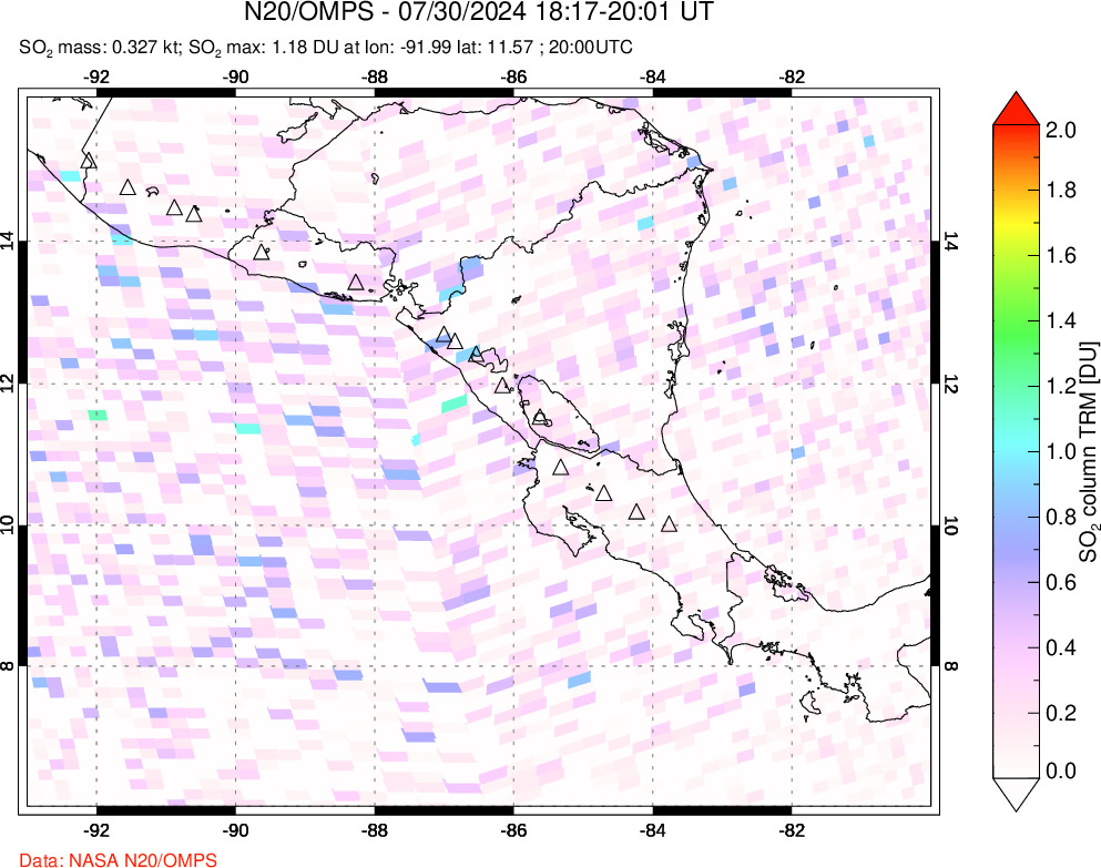 A sulfur dioxide image over Central America on Jul 30, 2024.