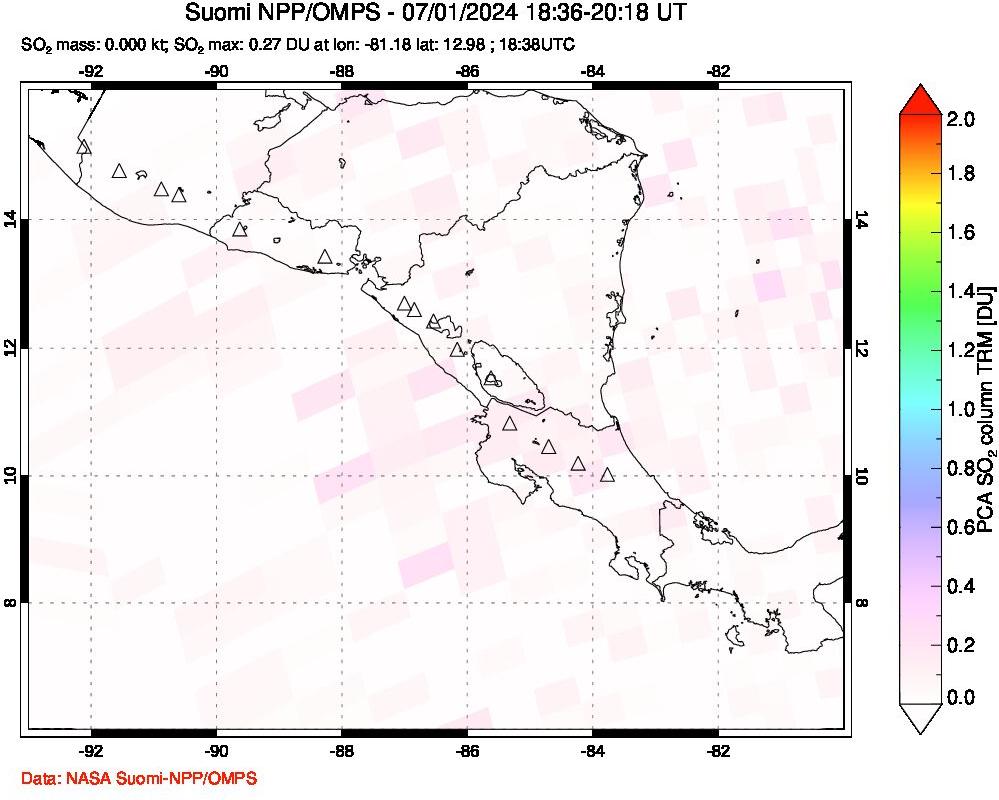 A sulfur dioxide image over Central America on Jul 01, 2024.