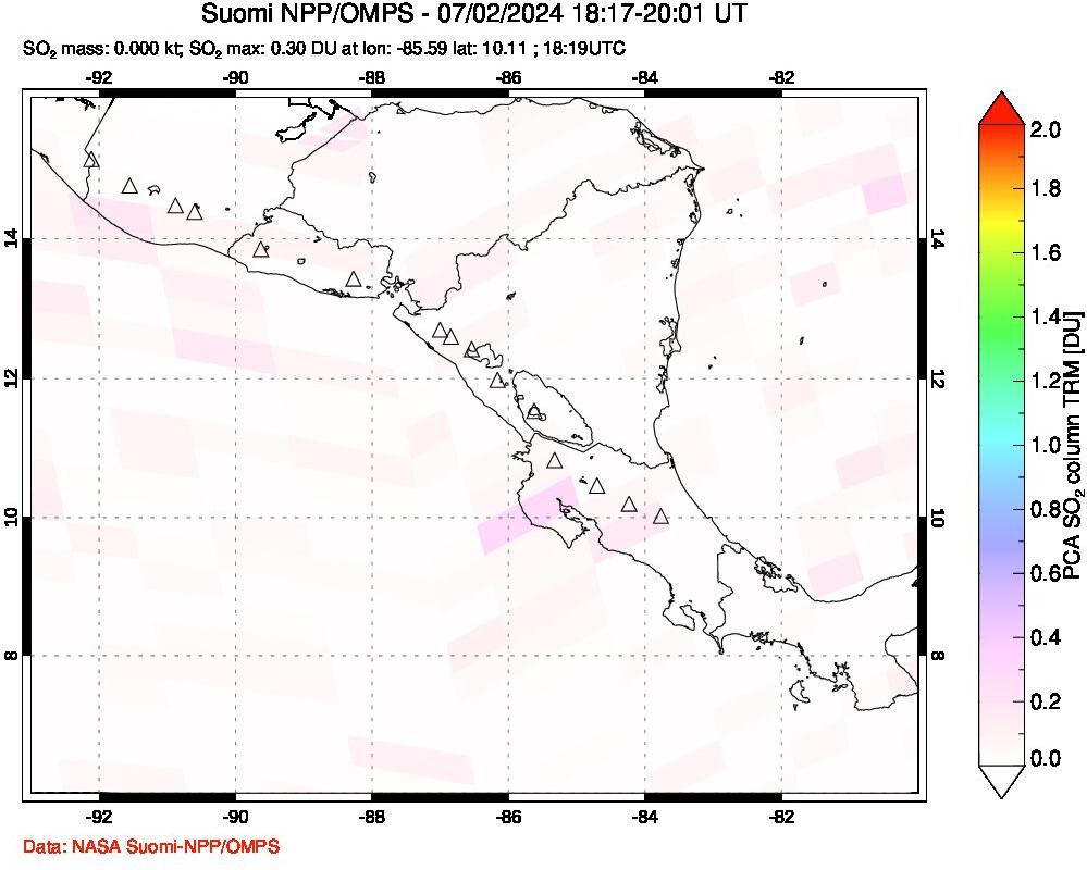 A sulfur dioxide image over Central America on Jul 02, 2024.