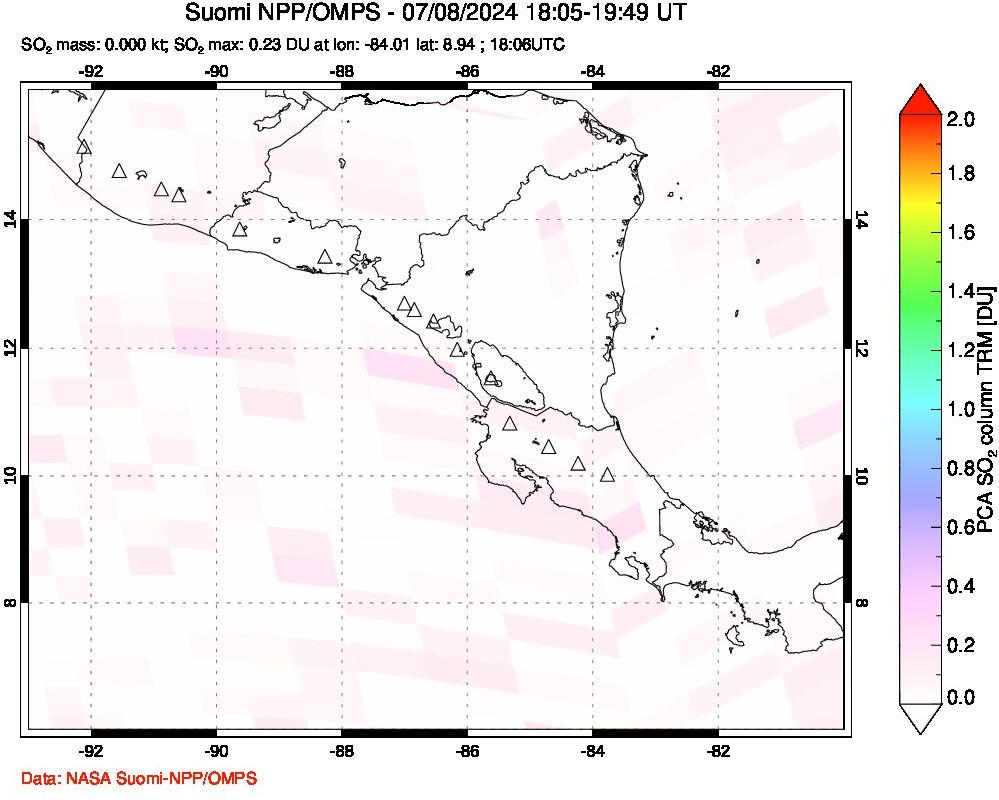 A sulfur dioxide image over Central America on Jul 08, 2024.