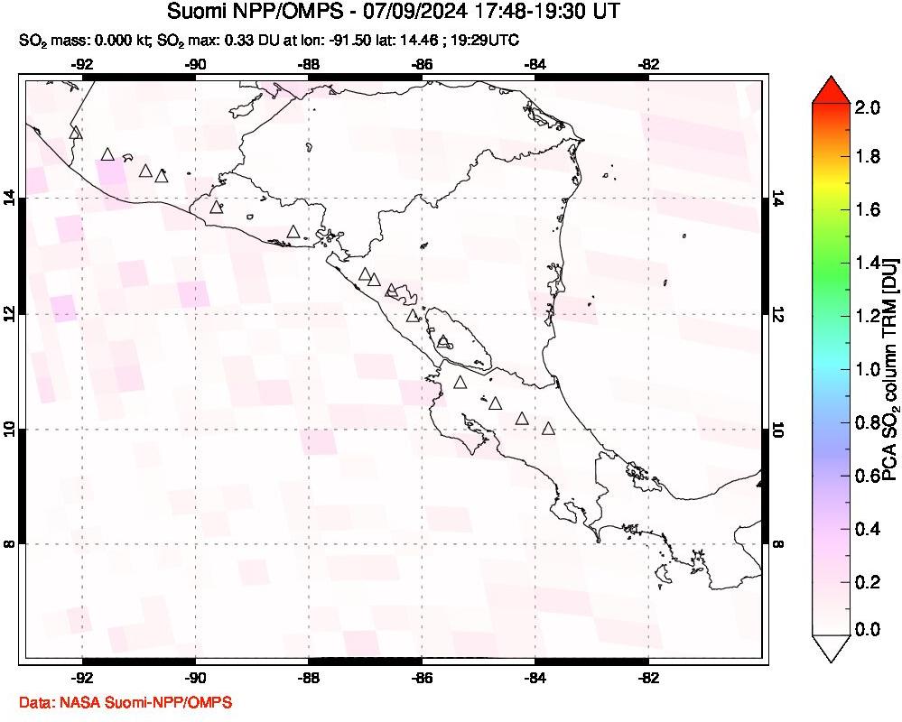 A sulfur dioxide image over Central America on Jul 09, 2024.