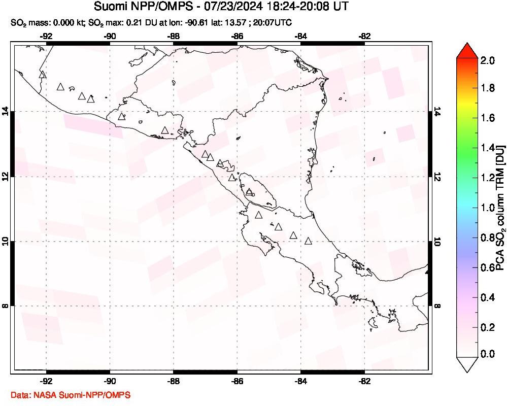 A sulfur dioxide image over Central America on Jul 23, 2024.