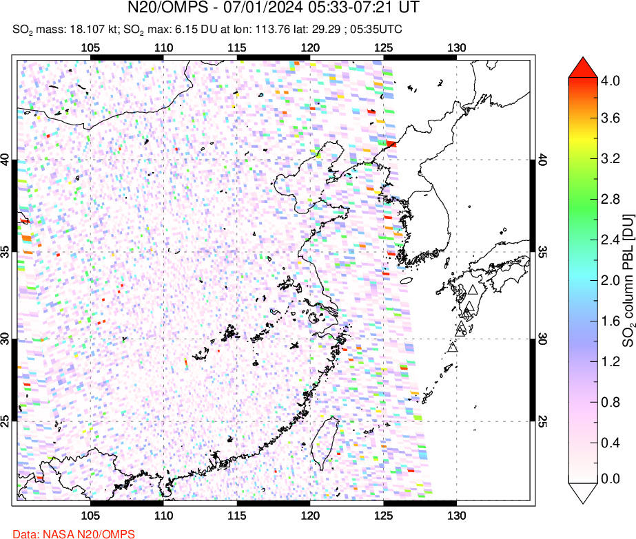 A sulfur dioxide image over Eastern China on Jul 01, 2024.