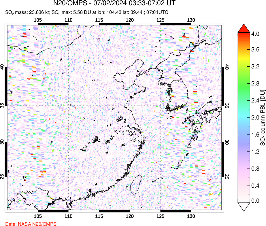 A sulfur dioxide image over Eastern China on Jul 02, 2024.