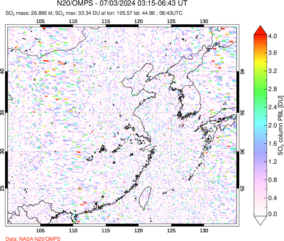 A sulfur dioxide image over Eastern China on Jul 03, 2024.