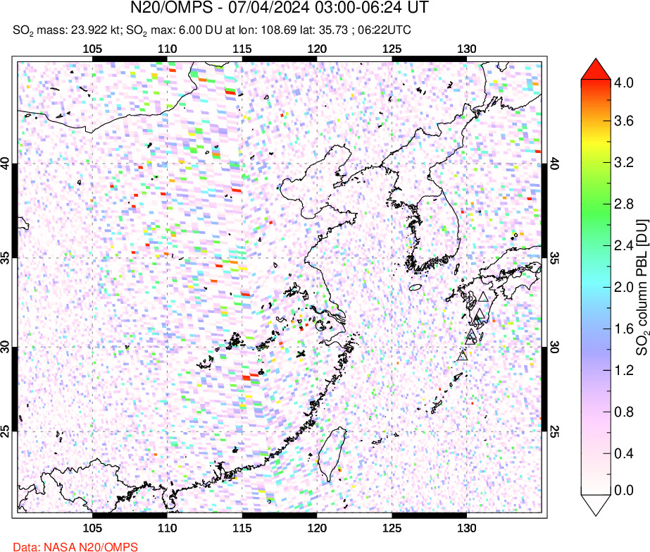 A sulfur dioxide image over Eastern China on Jul 04, 2024.