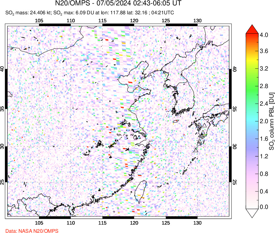 A sulfur dioxide image over Eastern China on Jul 05, 2024.