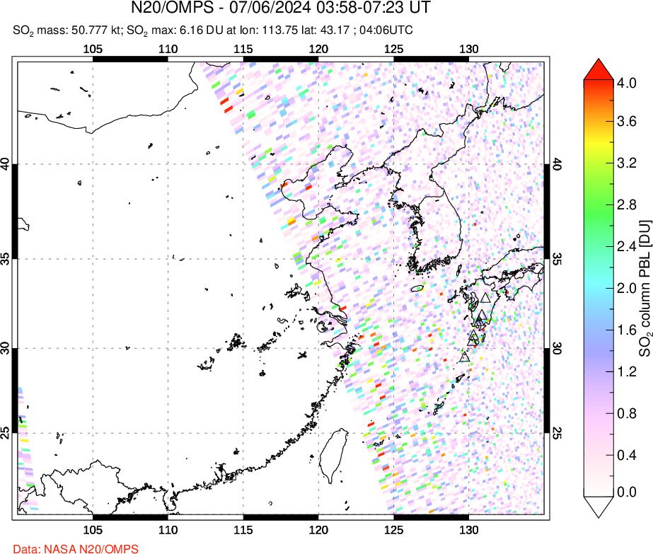 A sulfur dioxide image over Eastern China on Jul 06, 2024.