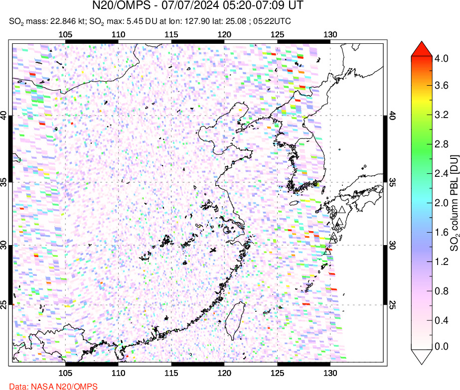 A sulfur dioxide image over Eastern China on Jul 07, 2024.