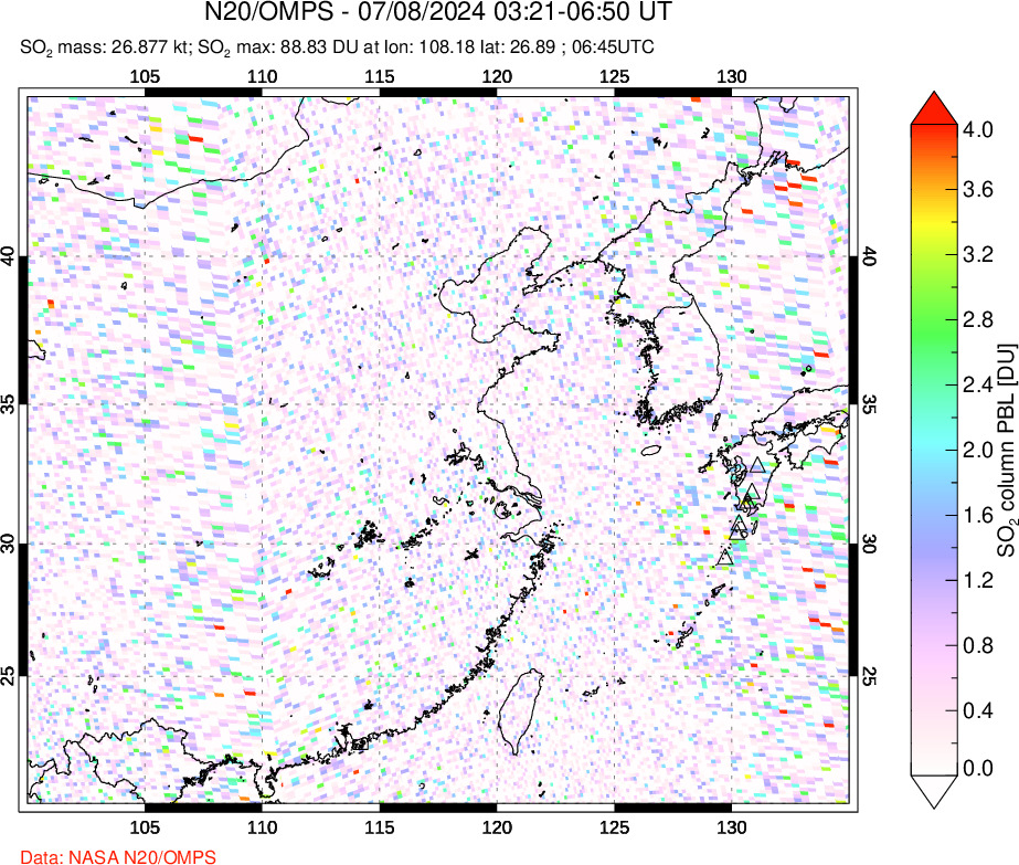 A sulfur dioxide image over Eastern China on Jul 08, 2024.