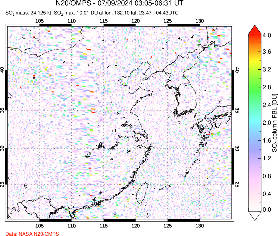 A sulfur dioxide image over Eastern China on Jul 09, 2024.