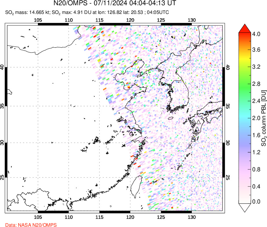 A sulfur dioxide image over Eastern China on Jul 11, 2024.